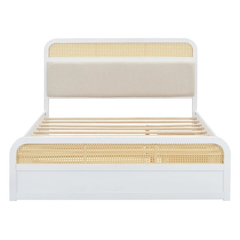 Lit plateforme bohème en bois de rotin, lit queen avec rangement, tête de lit en bois, lit gigogne et 2 tiroirs de rangement