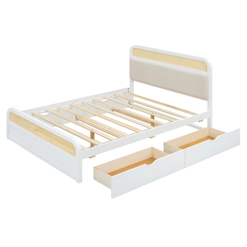 Lit plateforme bohème en bois de rotin, lit queen avec rangement, tête de lit en bois, lit gigogne et 2 tiroirs de rangement