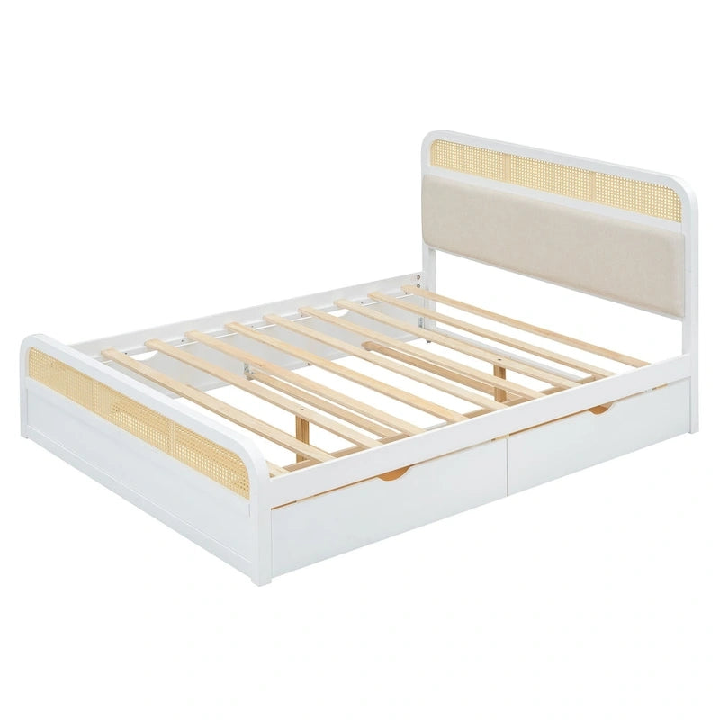 Lit plateforme bohème en bois de rotin, lit queen avec rangement, tête de lit en bois, lit gigogne et 2 tiroirs de rangement