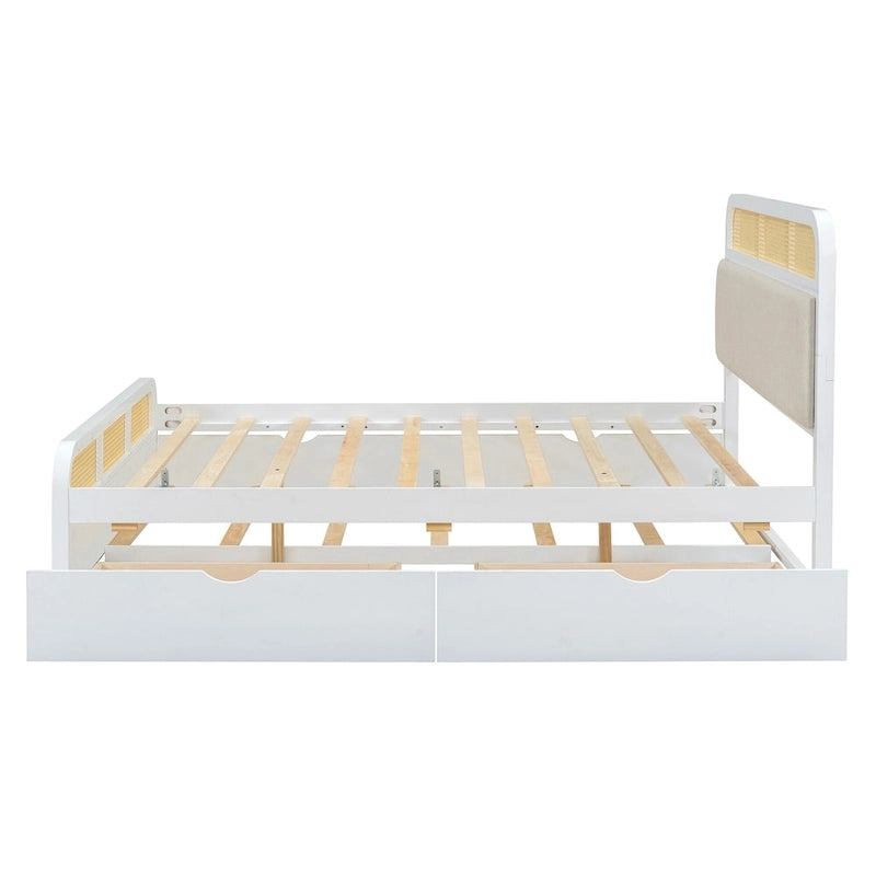 Lit plateforme bohème en bois de rotin, lit queen avec rangement, tête de lit en bois, lit gigogne et 2 tiroirs de rangement