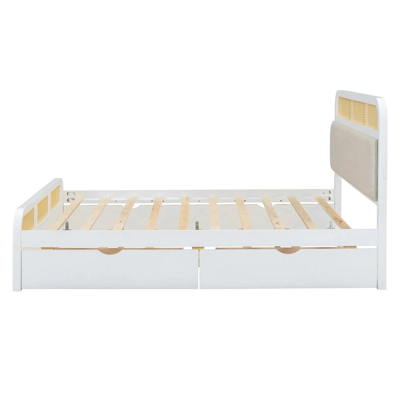 Lit plateforme bohème en bois de rotin, lit queen avec rangement, tête de lit en bois, lit gigogne et 2 tiroirs de rangement
