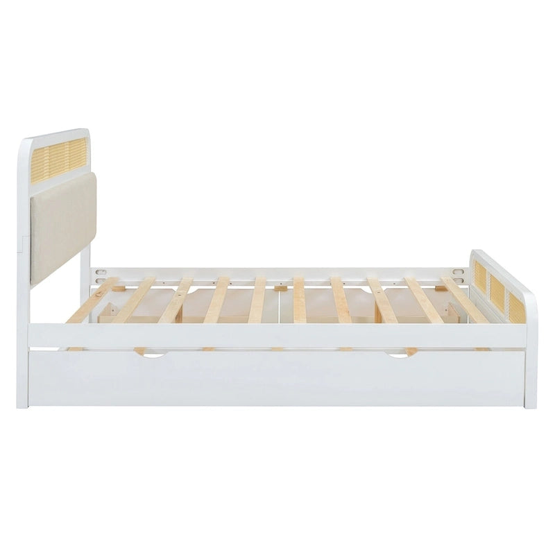 Lit plateforme bohème en bois de rotin, lit queen avec rangement, tête de lit en bois, lit gigogne et 2 tiroirs de rangement