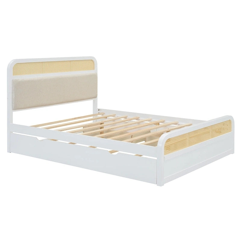 Lit plateforme bohème en bois de rotin, lit queen avec rangement, tête de lit en bois, lit gigogne et 2 tiroirs de rangement
