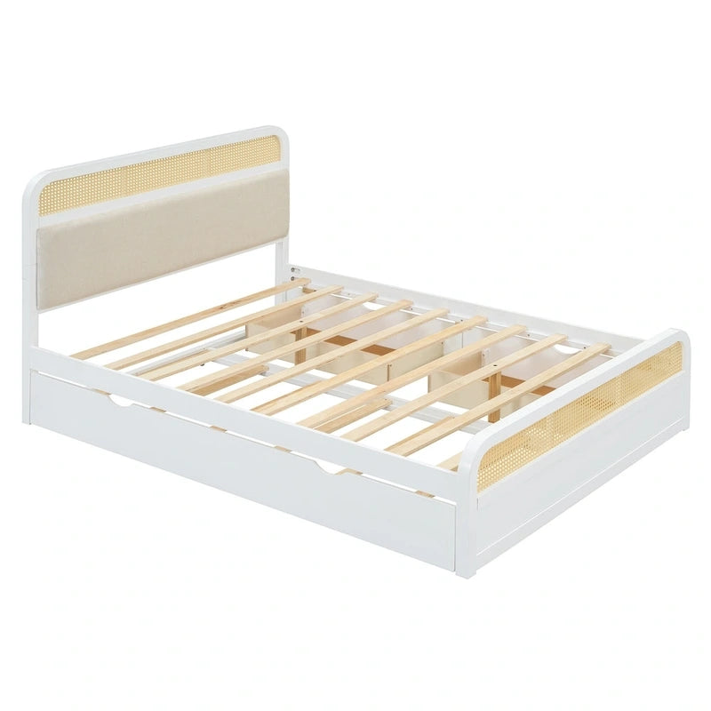 Lit plateforme bohème en bois de rotin, lit queen avec rangement, tête de lit en bois, lit gigogne et 2 tiroirs de rangement