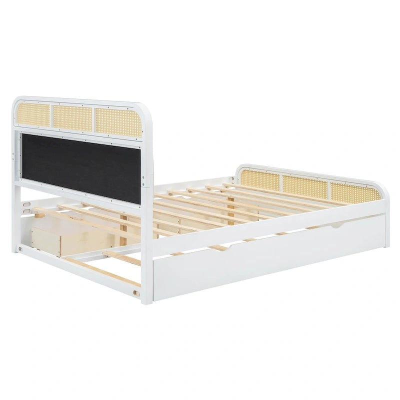 Lit plateforme bohème en bois de rotin, lit queen avec rangement, tête de lit en bois, lit gigogne et 2 tiroirs de rangement