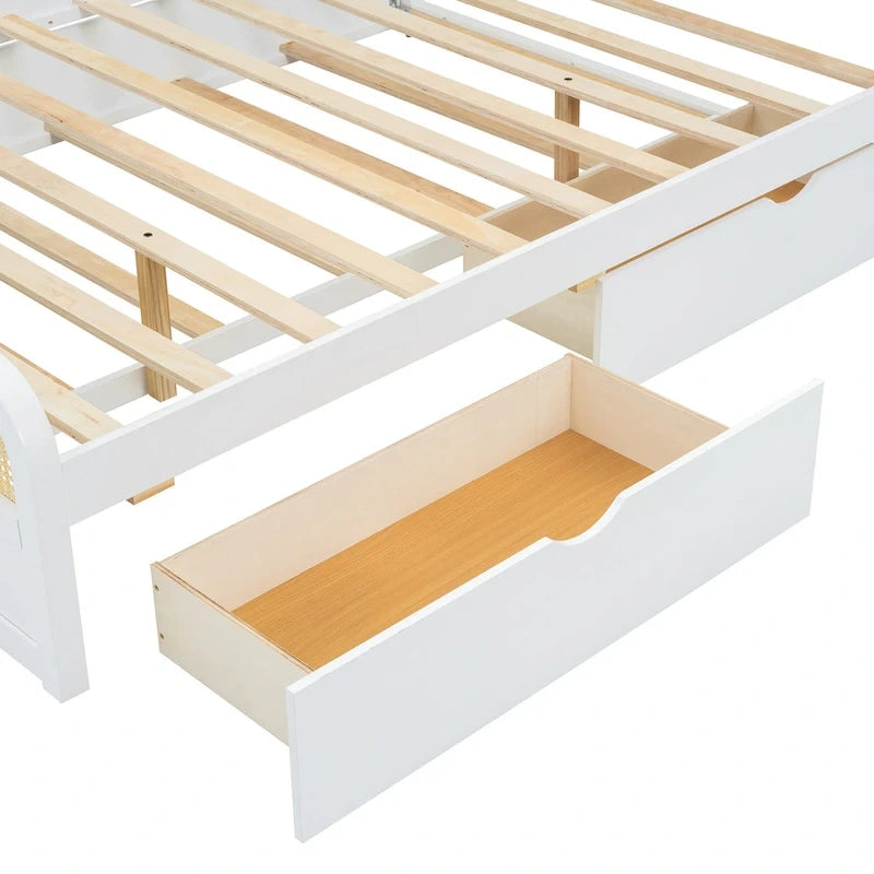 Lit plateforme bohème en bois de rotin, lit queen avec rangement, tête de lit en bois, lit gigogne et 2 tiroirs de rangement