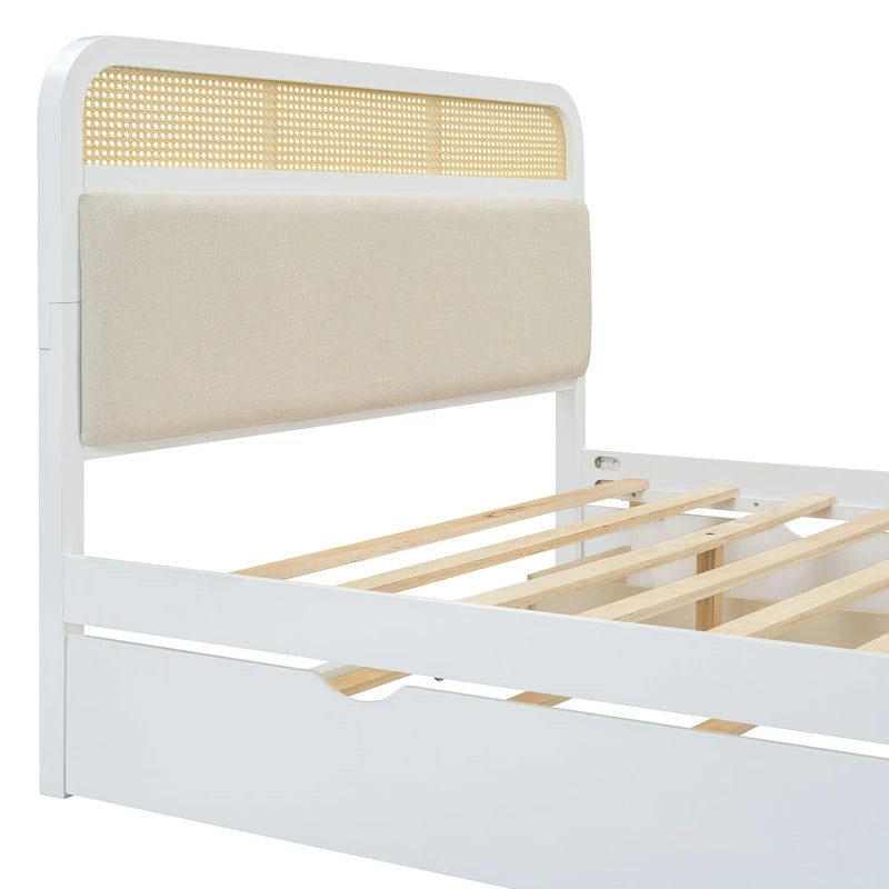 Lit plateforme bohème en bois de rotin, lit queen avec rangement, tête de lit en bois, lit gigogne et 2 tiroirs de rangement
