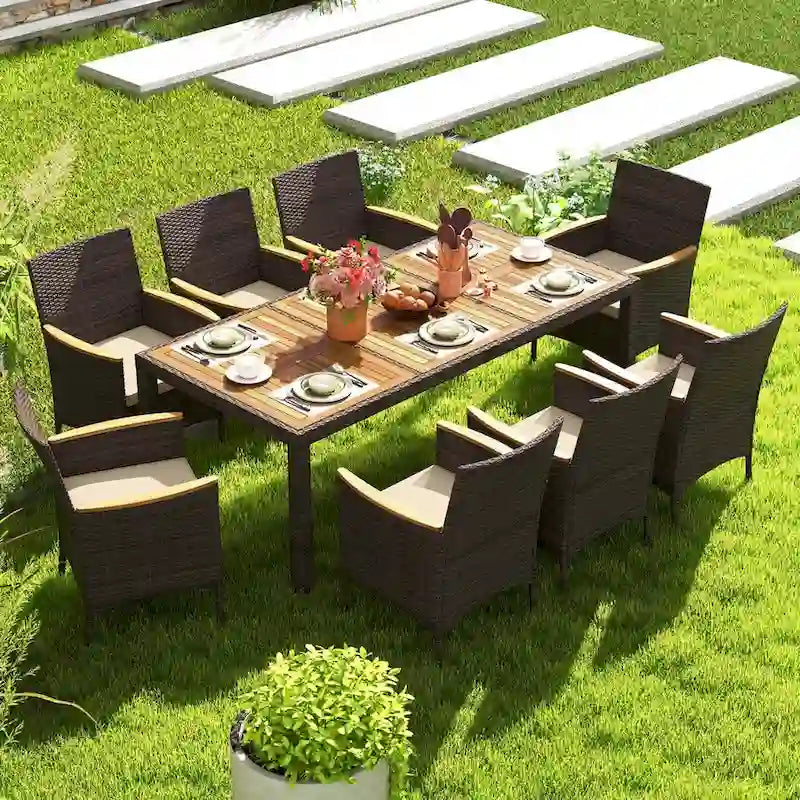 Ensemble de salle à manger d'extérieur Costway 9 pièces avec plateau de table en bois d'acacia pour terrasse