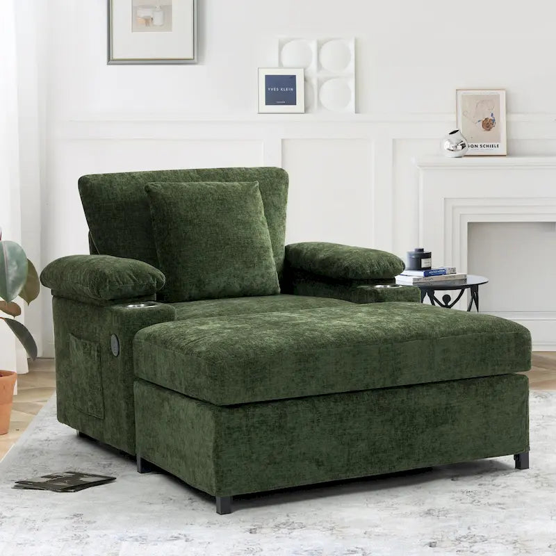 GDFStudio - Fauteuil-lit surdimensionné Ethan Blake en chenille avec repose-pieds, rangement et port USB pour salon et appartement