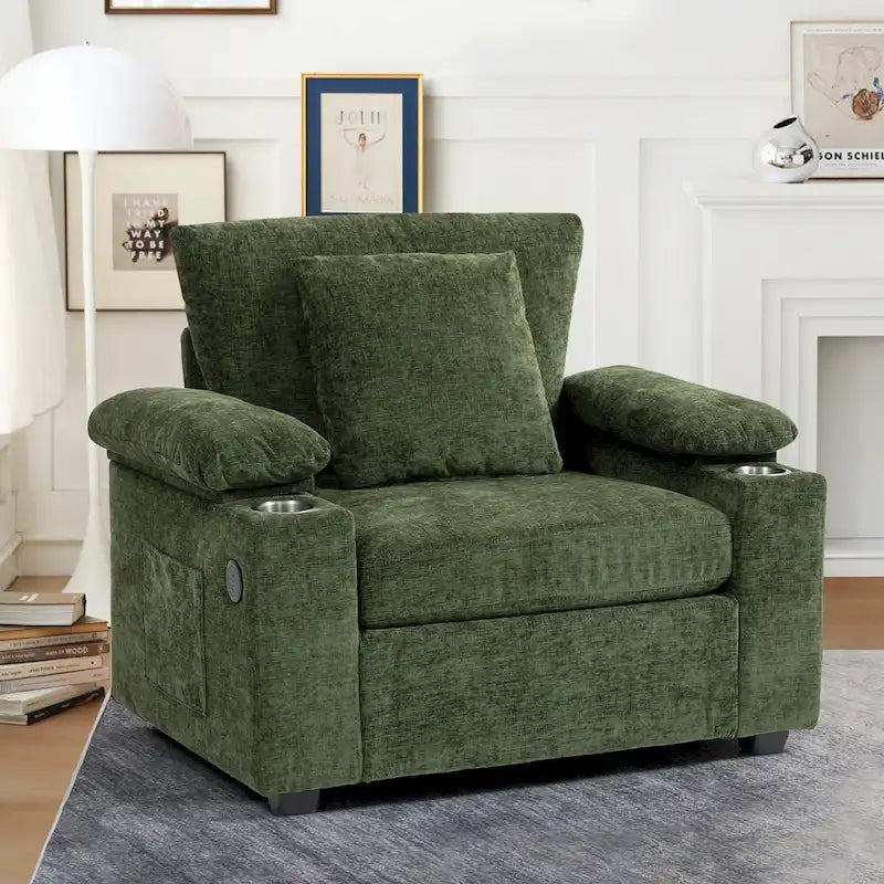 GDFStudio - Fauteuil-lit surdimensionné Ethan Blake en chenille avec repose-pieds, rangement et port USB pour salon et appartement