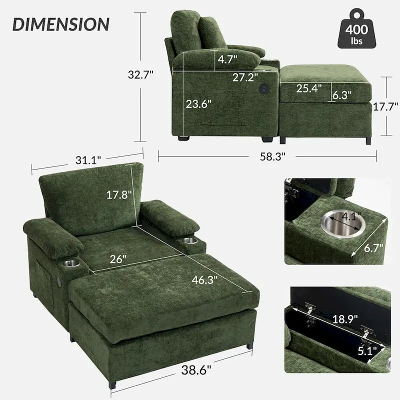 GDFStudio - Fauteuil-lit surdimensionné Ethan Blake en chenille avec repose-pieds, rangement et port USB pour salon et appartement