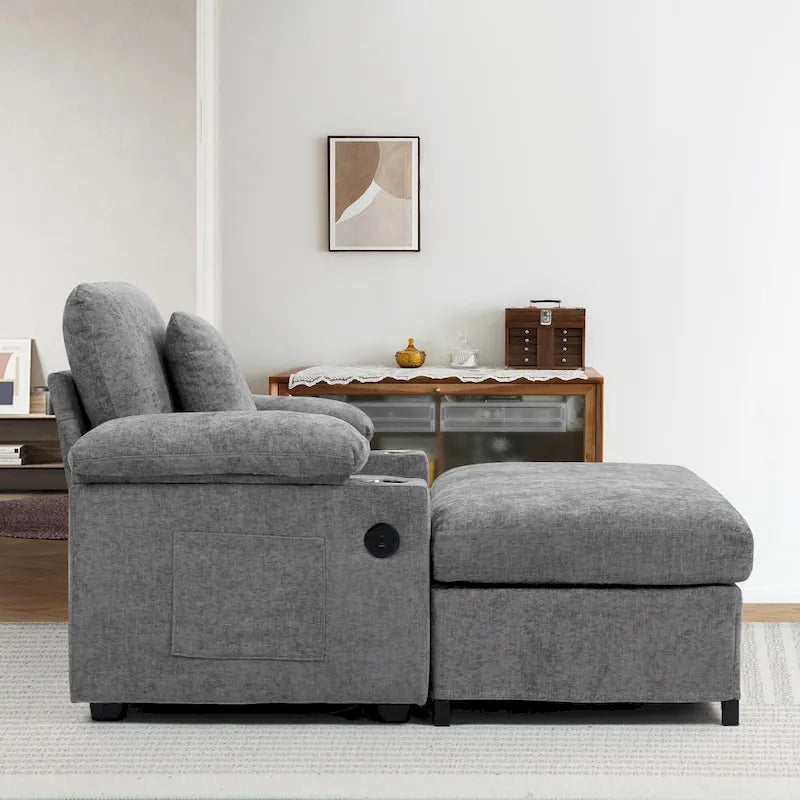 GDFStudio - Fauteuil-lit surdimensionné Ethan Blake en chenille avec repose-pieds, rangement et port USB pour salon et appartement