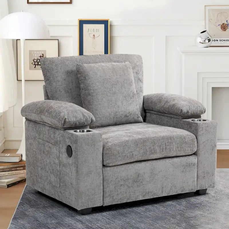 GDFStudio - Fauteuil-lit surdimensionné Ethan Blake en chenille avec repose-pieds, rangement et port USB pour salon et appartement