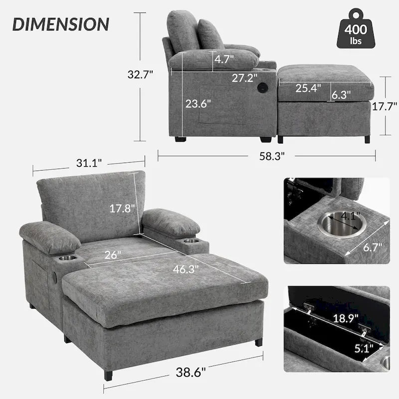 GDFStudio - Fauteuil-lit surdimensionné Ethan Blake en chenille avec repose-pieds, rangement et port USB pour salon et appartement