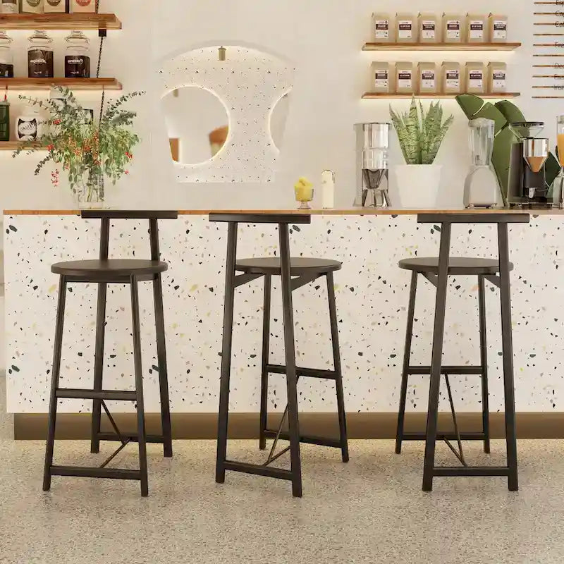 Ensemble de 3 tabourets de bar sans accoudoirs, hauteur comptoir, avec structure en métal et assise en bois