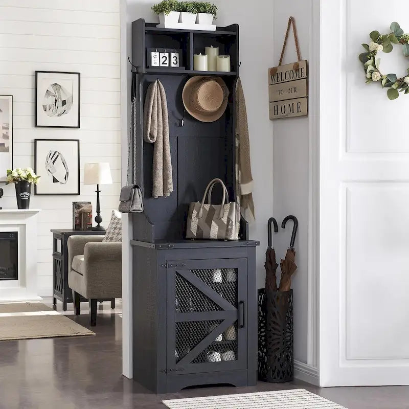 Banc d'entrée de style campagnard de 23 pouces de large avec porte-manteau et armoire à vêtements.