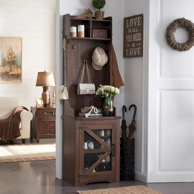Banc d'entrée de style campagnard de 23 pouces de large avec porte-manteau et armoire à vêtements.