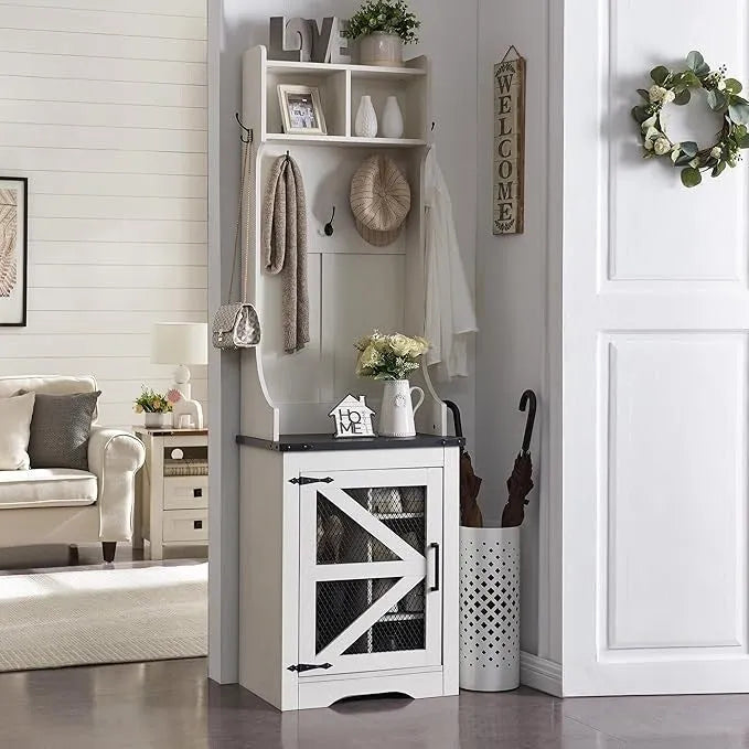 Banc d'entrée de style campagnard de 23 pouces de large avec porte-manteau et armoire à vêtements.
