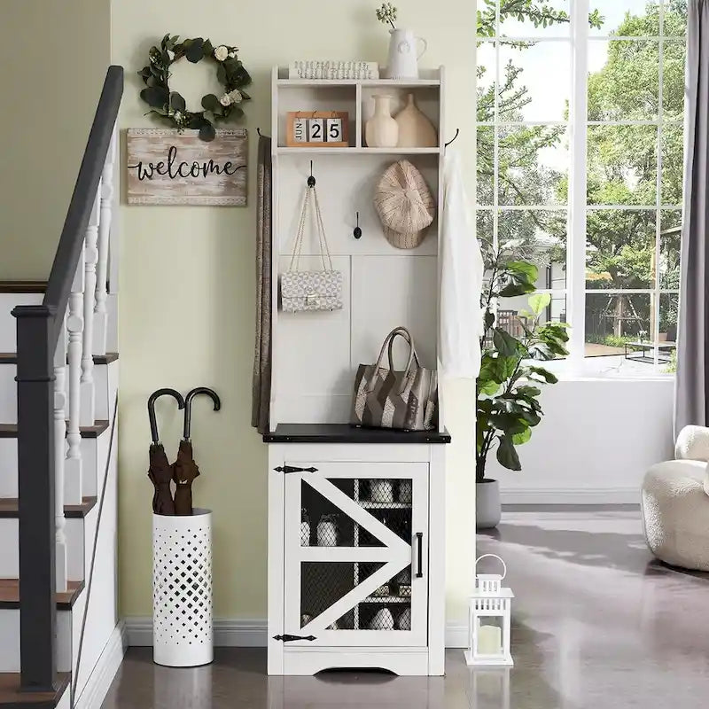 Banc d'entrée de style campagnard de 23 pouces de large avec porte-manteau et armoire à vêtements.