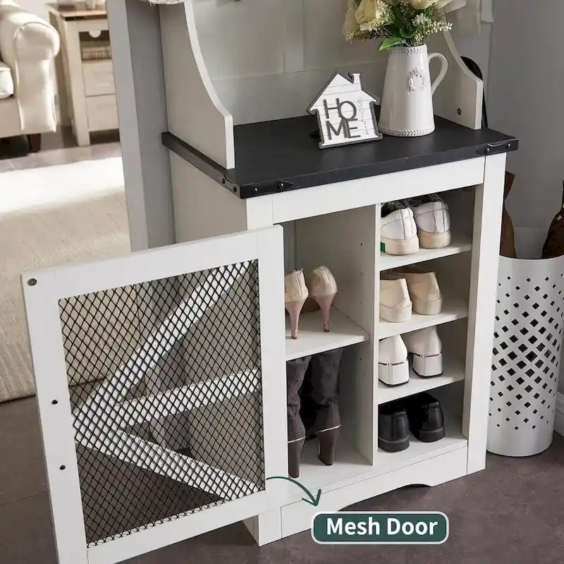 Banc d'entrée de style campagnard de 23 pouces de large avec porte-manteau et armoire à vêtements.