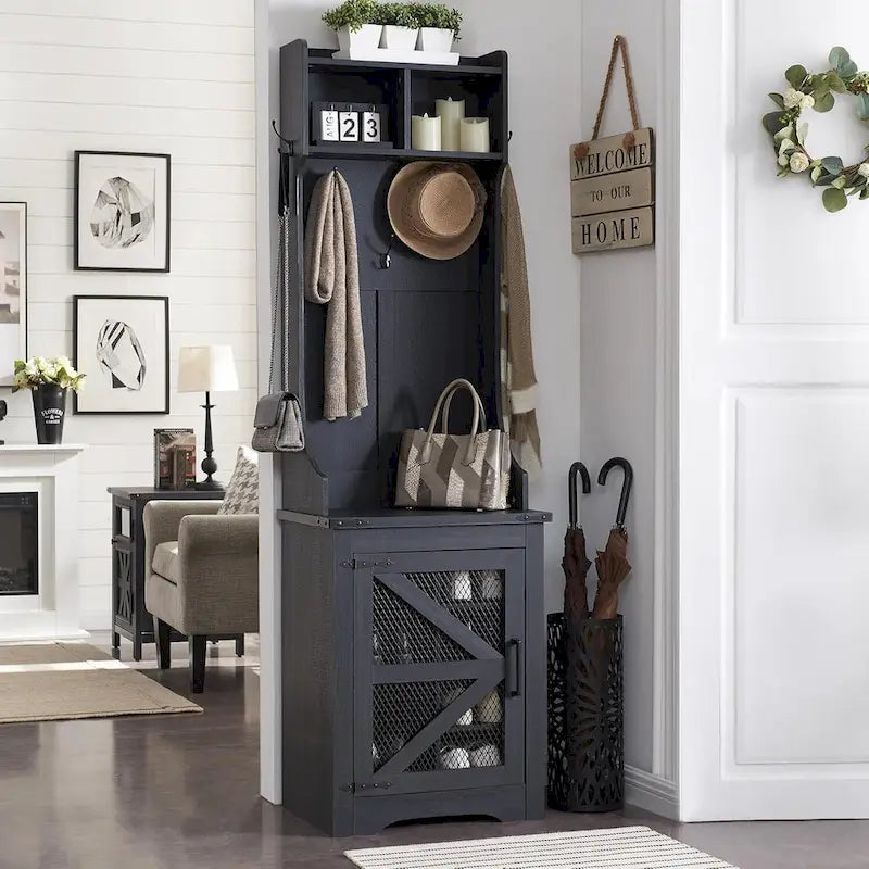 Banc d'entrée de style campagnard de 23 pouces de large avec porte-manteau et armoire à vêtements.