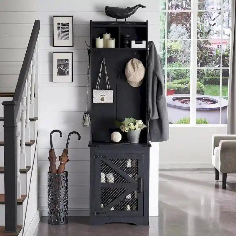 Banc d'entrée de style campagnard de 23 pouces de large avec porte-manteau et armoire à vêtements.