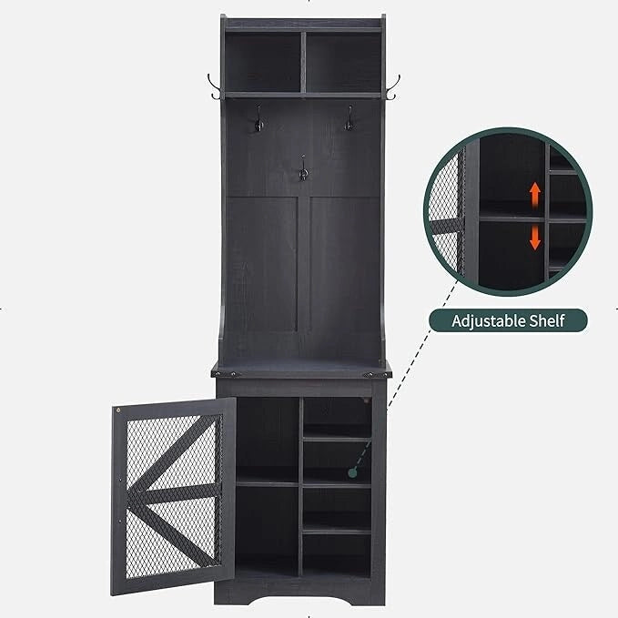 Banc d'entrée de style campagnard de 23 pouces de large avec porte-manteau et armoire à vêtements.