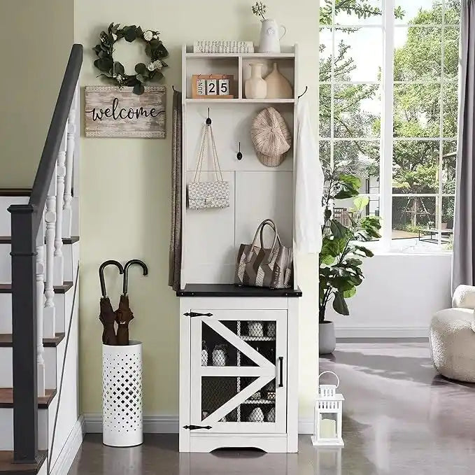 Banc d'entrée de style campagnard de 23 pouces de large avec porte-manteau et armoire à vêtements.