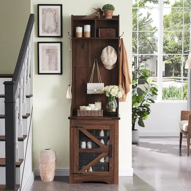 Banc d'entrée de style campagnard de 23 pouces de large avec porte-manteau et armoire à vêtements.