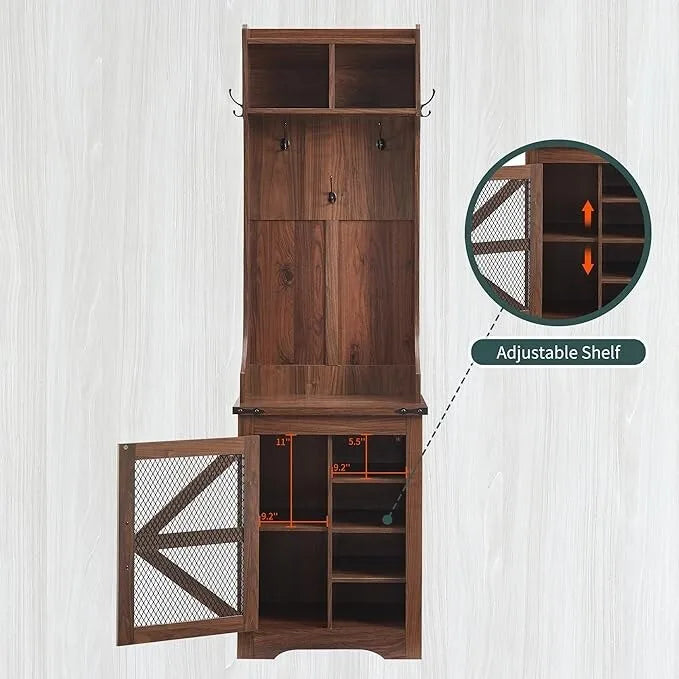 Banc d'entrée de style campagnard de 23 pouces de large avec porte-manteau et armoire à vêtements.