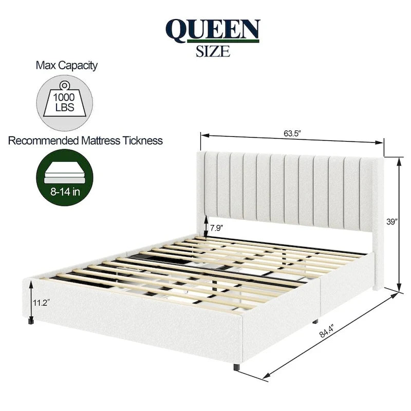 Lit plateforme rembourré en tissu bouclé ivoire, format Queen, avec 4 tiroirs de rangement