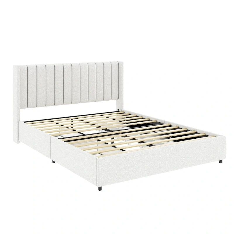 Lit plateforme rembourré en tissu bouclé ivoire, format Queen, avec 4 tiroirs de rangement