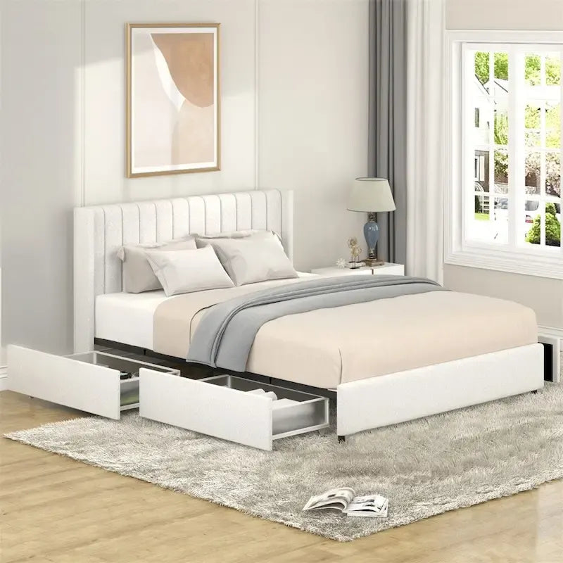 Lit plateforme rembourré en tissu bouclé ivoire, format Queen, avec 4 tiroirs de rangement