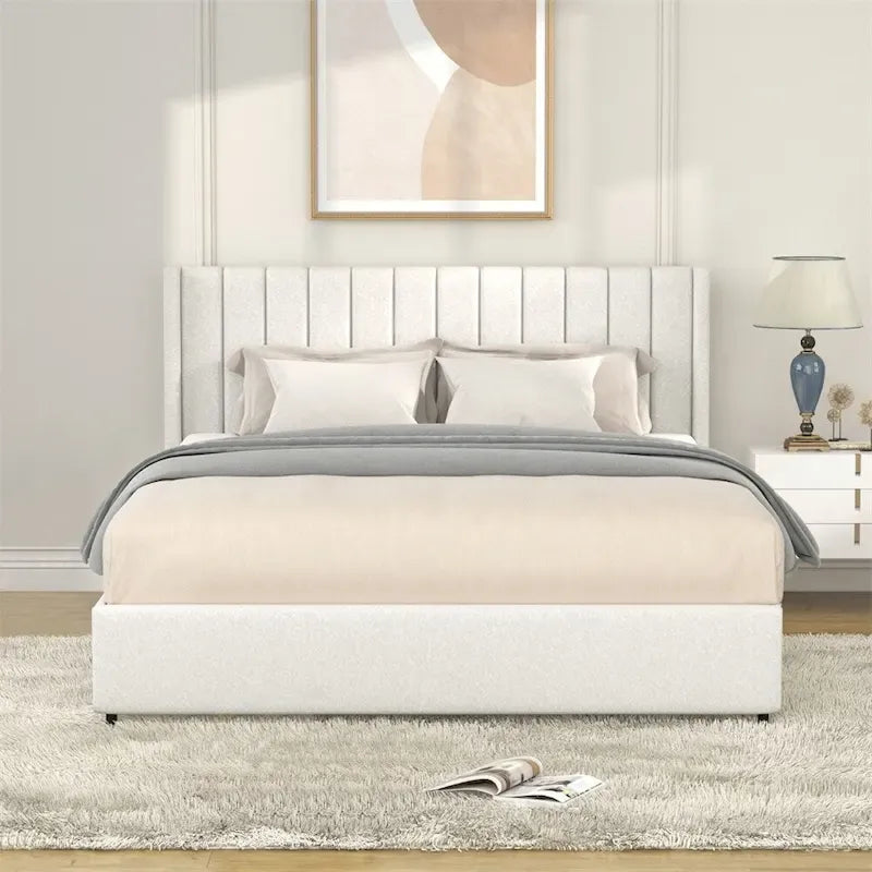 Lit plateforme rembourré en tissu bouclé ivoire, format Queen, avec 4 tiroirs de rangement