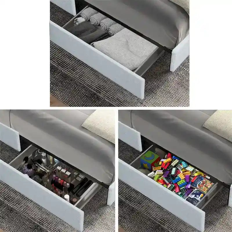 Lit plateforme rembourré en tissu bouclé ivoire, format Queen, avec 4 tiroirs de rangement