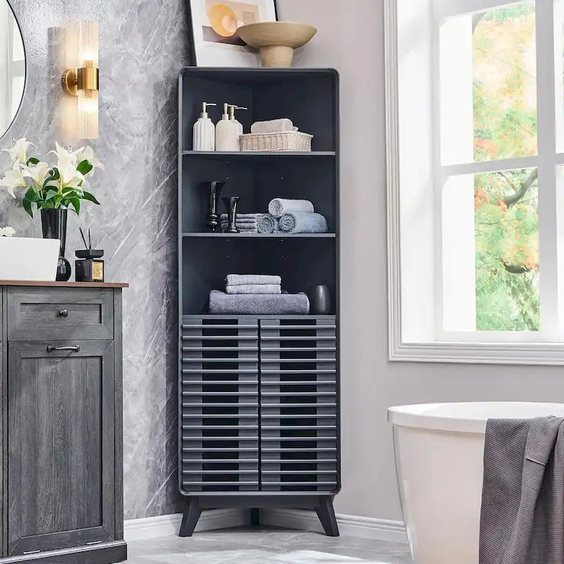 Armoire d'angle haute à portes à lattes, meuble de salle de bain style milieu du siècle, 68