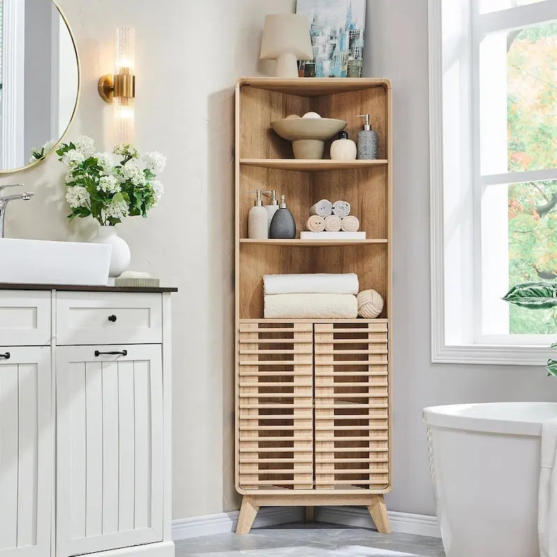 Armoire d'angle haute à portes à lattes, meuble de salle de bain style milieu du siècle, 68