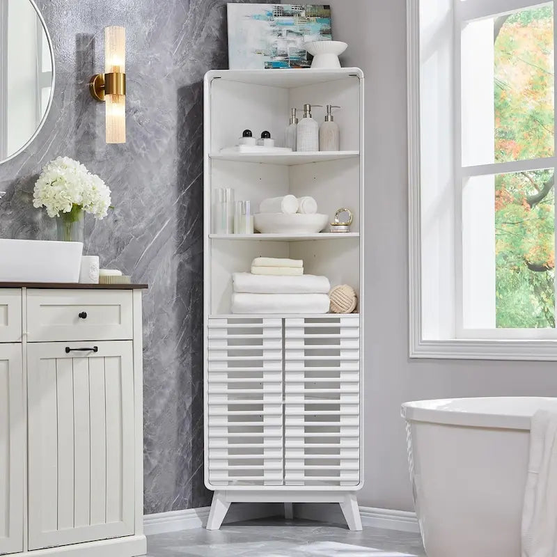 Armoire d'angle haute à portes à lattes, meuble de salle de bain style milieu du siècle, 68