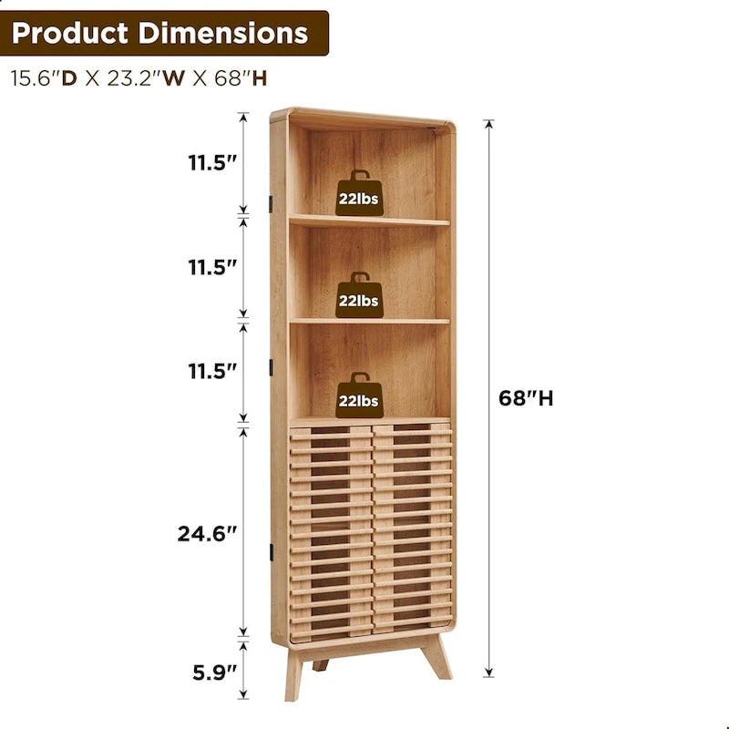 Armoire d'angle haute à portes à lattes, meuble de salle de bain style milieu du siècle, 68
