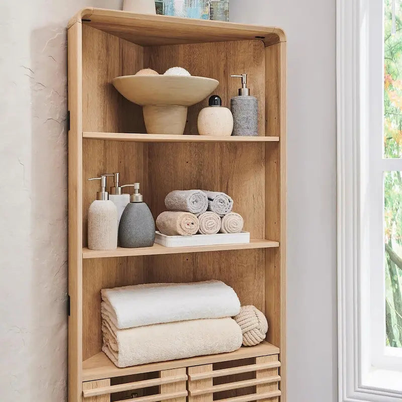 Armoire d'angle haute à portes à lattes, meuble de salle de bain style milieu du siècle, 68