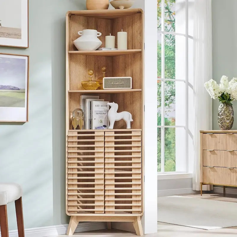 Armoire d'angle haute à portes à lattes, meuble de salle de bain style milieu du siècle, 68