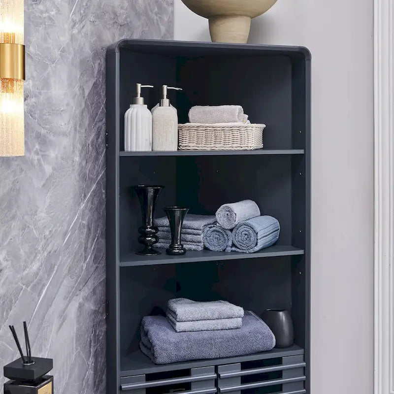 Armoire d'angle haute à portes à lattes, meuble de salle de bain style milieu du siècle, 68