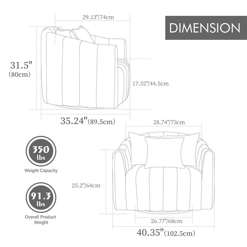 Fauteuil tonneau rembourré surdimensionné pivotant à 360° de 40,35 po