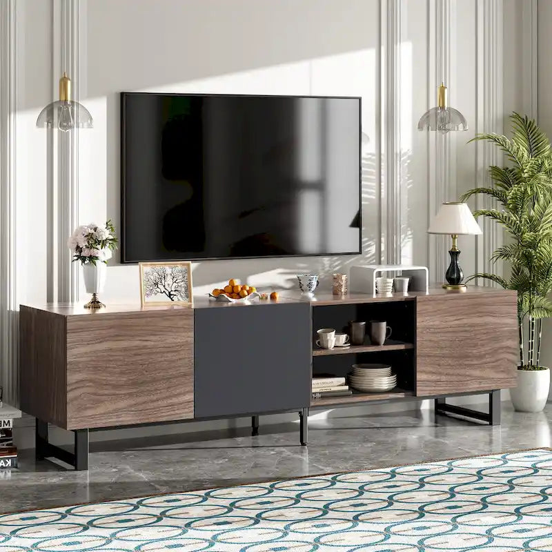 Modern TV with 3 Cabinets& Open Shelves, Media Console Table for TVs up to 80, Entertainment Center with Drop Down Door