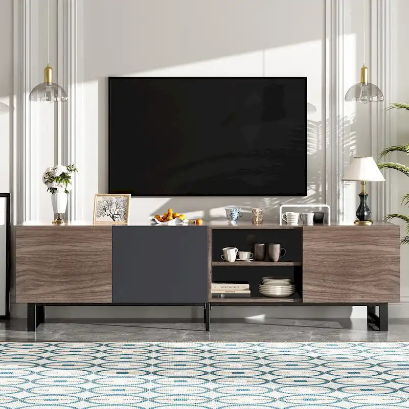 Meuble TV moderne avec 3 placards et étagères ouvertes, console multimédia pour téléviseurs jusqu'à 80 pouces, centre de divertissement avec porte rabattable