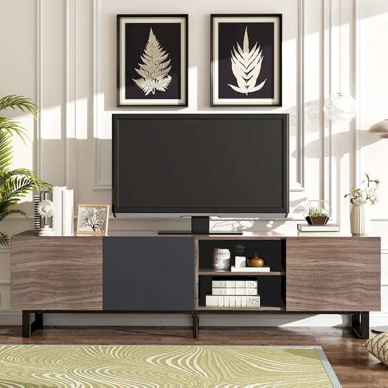 Meuble TV moderne avec 3 placards et étagères ouvertes, console multimédia pour téléviseurs jusqu'à 80 pouces, centre de divertissement avec porte rabattable