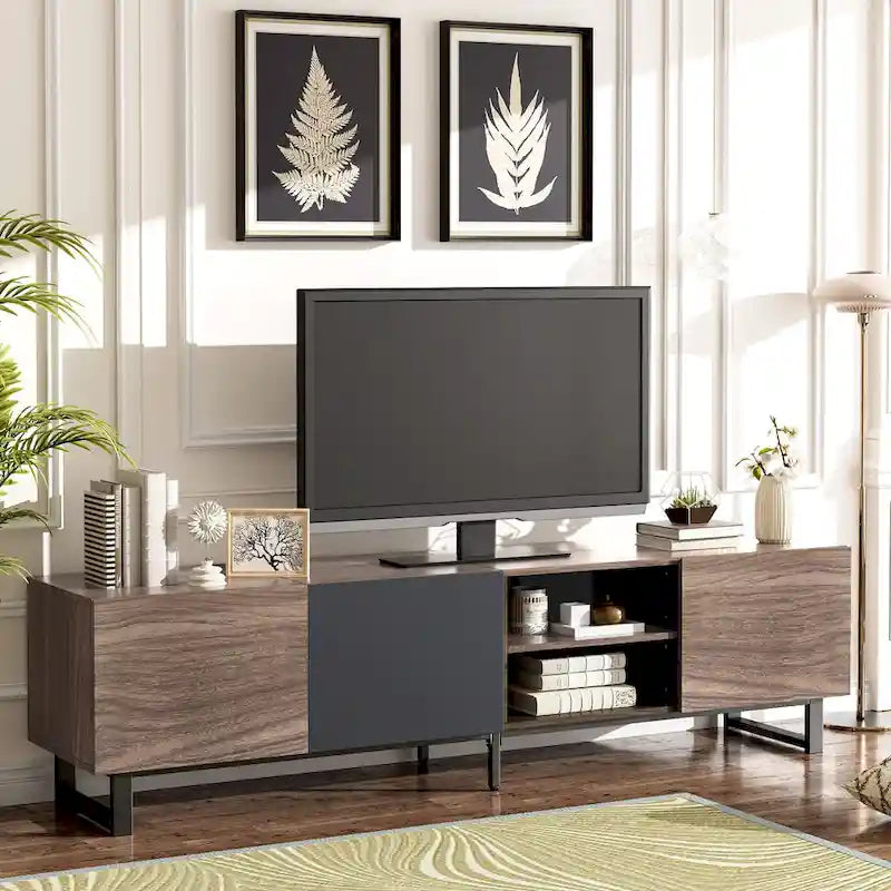 Meuble TV moderne avec 3 placards et étagères ouvertes, console multimédia pour téléviseurs jusqu'à 80 pouces, centre de divertissement avec porte rabattable