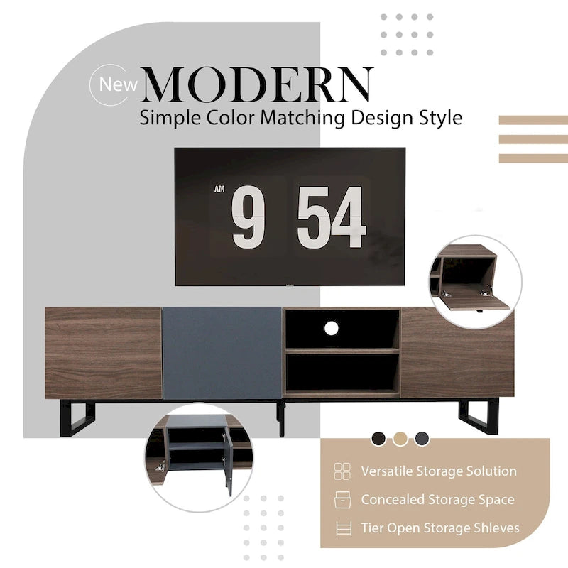 Meuble TV moderne avec 3 placards et étagères ouvertes, console multimédia pour téléviseurs jusqu'à 80 pouces, centre de divertissement avec porte rabattable