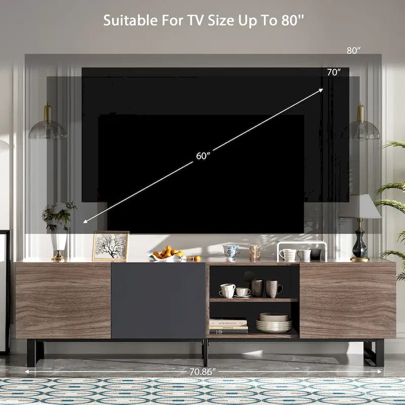 Meuble TV moderne avec 3 placards et étagères ouvertes, console multimédia pour téléviseurs jusqu'à 80 pouces, centre de divertissement avec porte rabattable