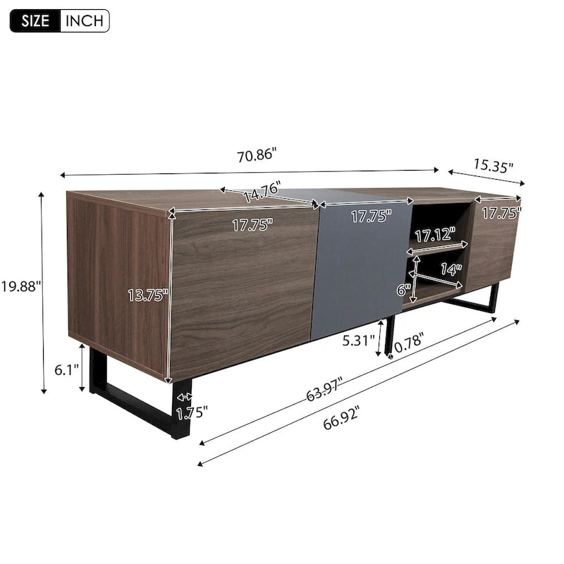 Meuble TV moderne avec 3 placards et étagères ouvertes, console multimédia pour téléviseurs jusqu'à 80 pouces, centre de divertissement avec porte rabattable
